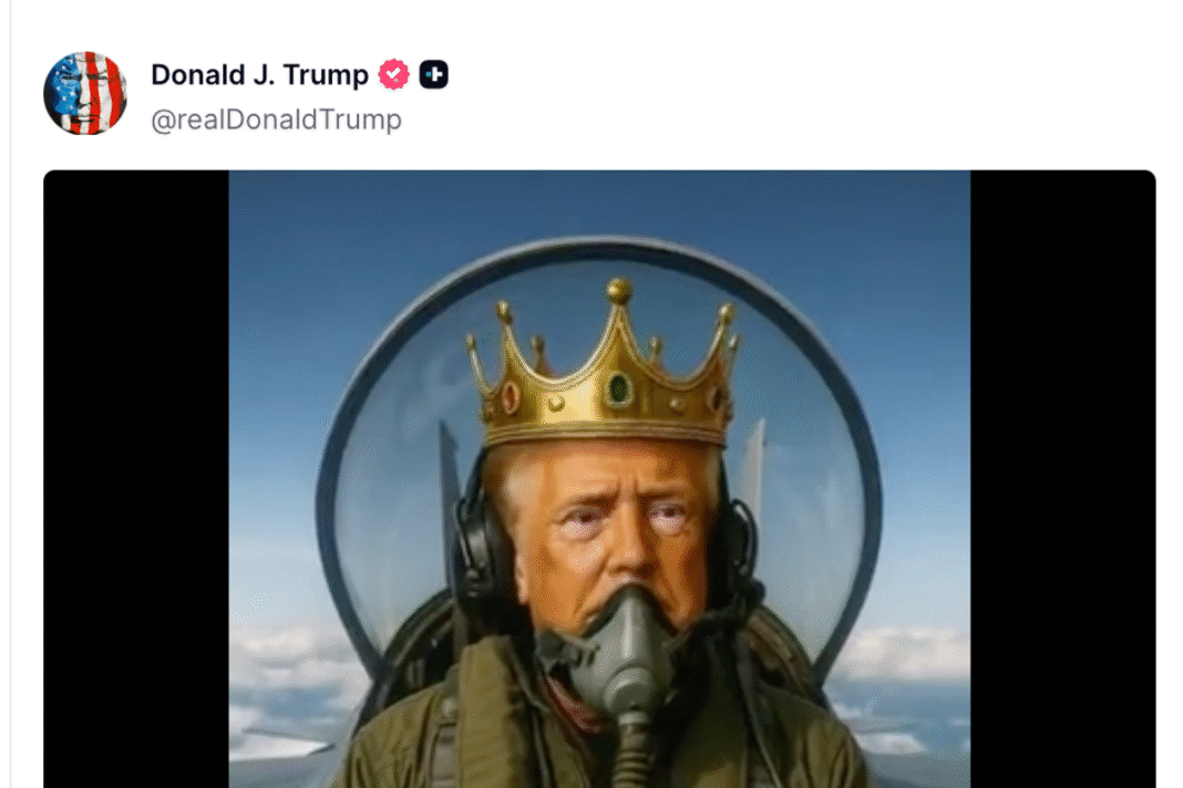 Trump Shares AI Video of Himself Soaring in KING TRUMP Jet and Targeting Protesters with Brown Liquid